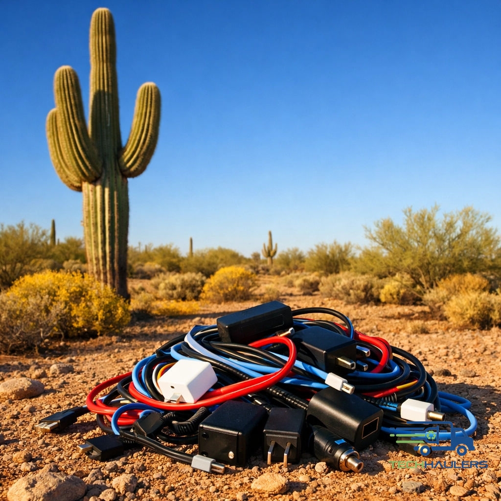 TechHaulers's tweet image. Earth Month Edition 🌍 | Global discarded cables weigh as much as several Eiffel Towers yearly (Source: ITU). That’s a lot of wasted copper! We’ll pick up your old tech for free in AZ, SoCal &amp;amp; NV. 🌵💻 

#EarthMonth #Recycle #TechHaulers #eWaste