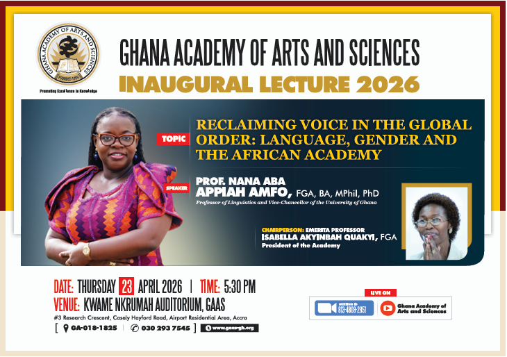 UnivofGh's tweet image. Drawing on over two decades of scholarship and academic leadership, Prof. @aba_amfo will explore the politics of language, gender and the academy and what it will take for Africa to reclaim its voice on the global stage at her inaugural lecture at the @GAASGhana.

#UG