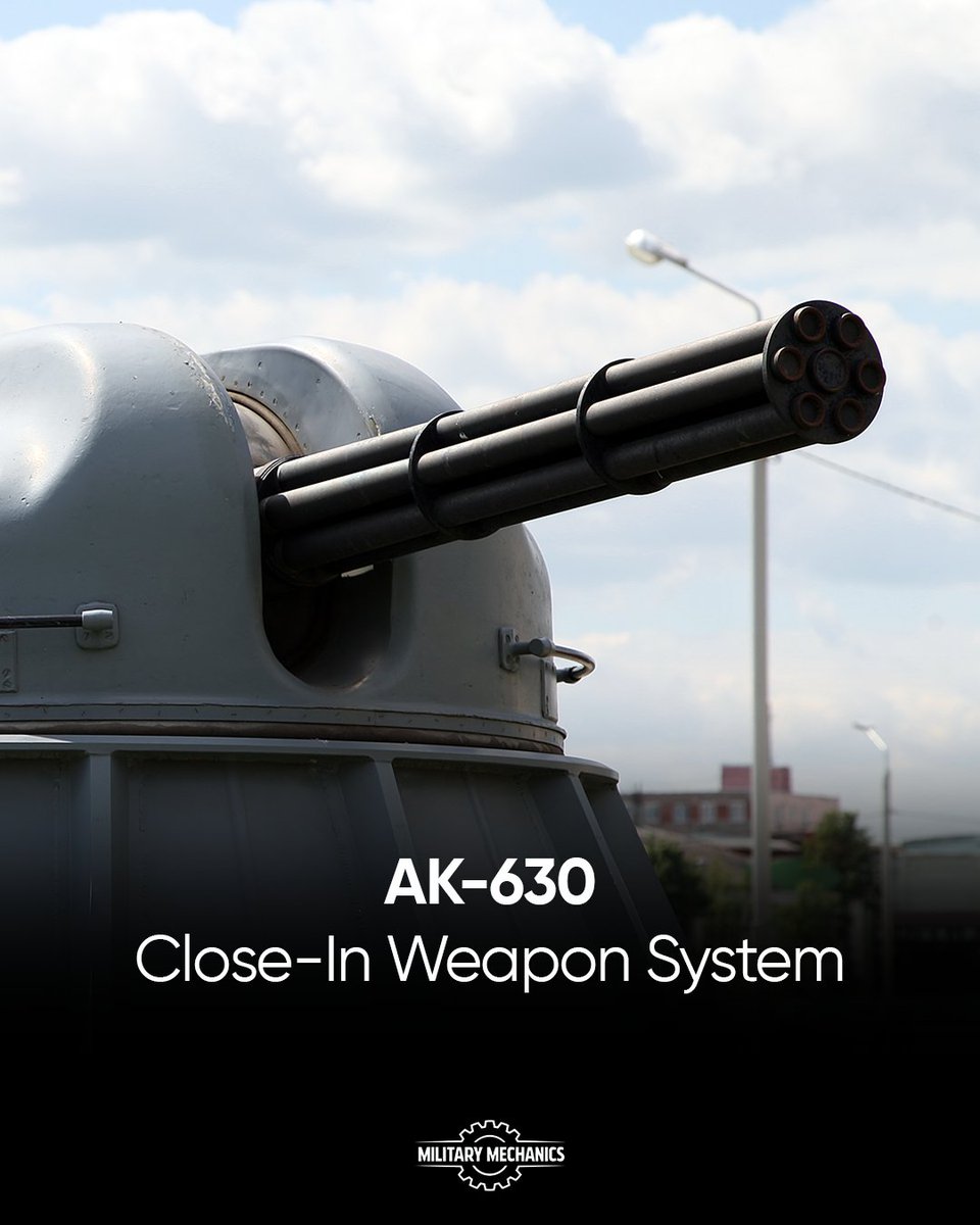 MilitaryMechs's tweet photo. The AK-630 is a six-barrel rotary cannon capable of firing up to 5,000 rounds per minute. Designed as a last-line defense, it destroys incoming missiles at close range. Its radar-guided targeting ensures rapid reaction against high-speed threats.
#CIWS #NavalDefense https://t.co/obG2l0X6y4