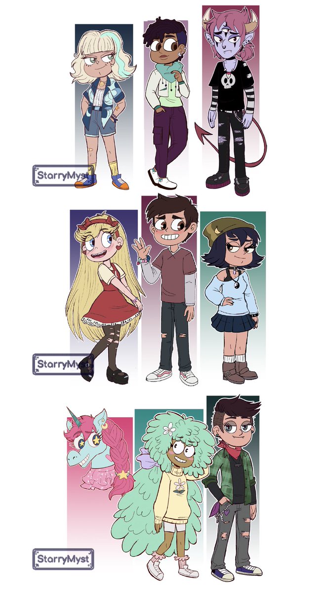 Aight besties it is done 
Here’s the full lineup of most of the cast for my new Svtfoe AU ✨💜🫶

This took forever gonna nap 🗿

•
#StarVsTheForcesOfEvil #Svtfoe #fanart #myart
 #StarButterfly #JannaOrdonia #MarcoDiaz #TomLucitor #JackieLynnThomas #PonyHead 
#ArtistOnX #Starco