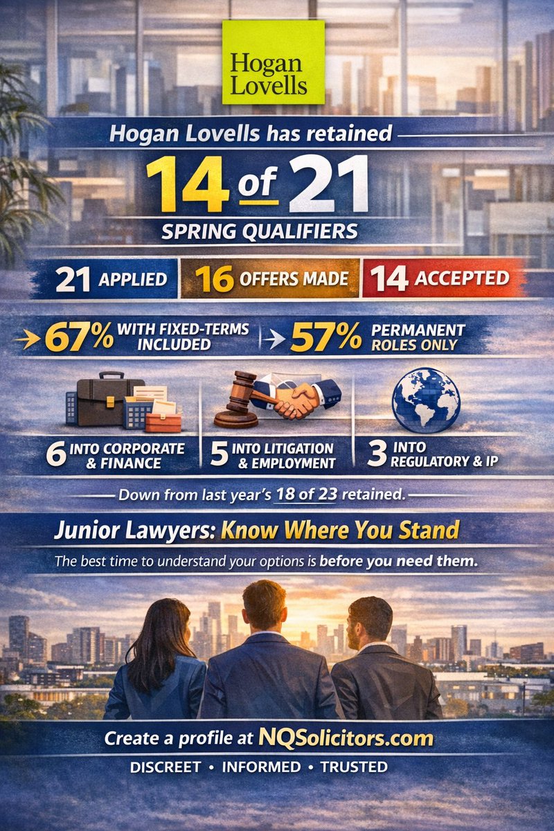 NQSolicitors's tweet image. Hogan Lovells retained 14 of 21 spring qualifiers. On paper that is 67%. Excluding fixed-term roles, permanent retention drops to 57%, down on 18 of 23 last spring. Trainee, NQ or junior solicitor? Create a profile at NQSolicitors.com #Solicitor #Law #LegalCareers #UKLaw