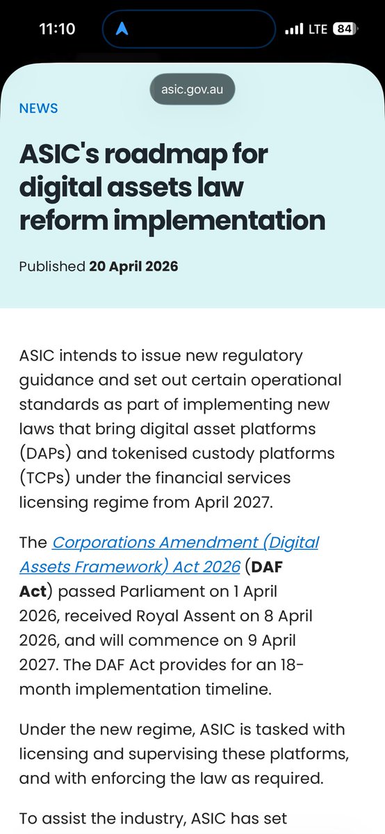 iMawake2reset's tweet image. ASIC’s roadmap for digital assets law reform implementation in #AUSTRALIA 
asic.gov.au/about-asic/new…