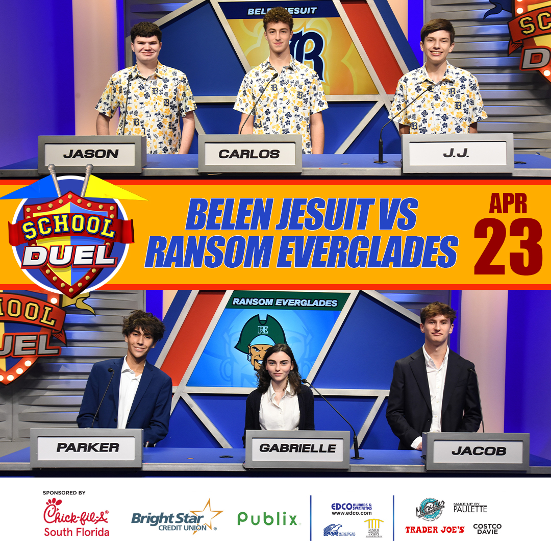 SchoolDuel's tweet photo. 🏆School Duel continues April 23!

Belen Jesuit vs Ransom Everglades takes the stage in Game 9 of Season 16 at 8 p.m. on BECON-TV.

📍Ch. 488 &amp; 19 (Comcast) | Ch. 63 (AT&amp;T, Dish, DirecTV) Don’t miss it. 

Visit https://t.co/Dy33tnPIUM for updates! https://t.co/DWawFxaurW