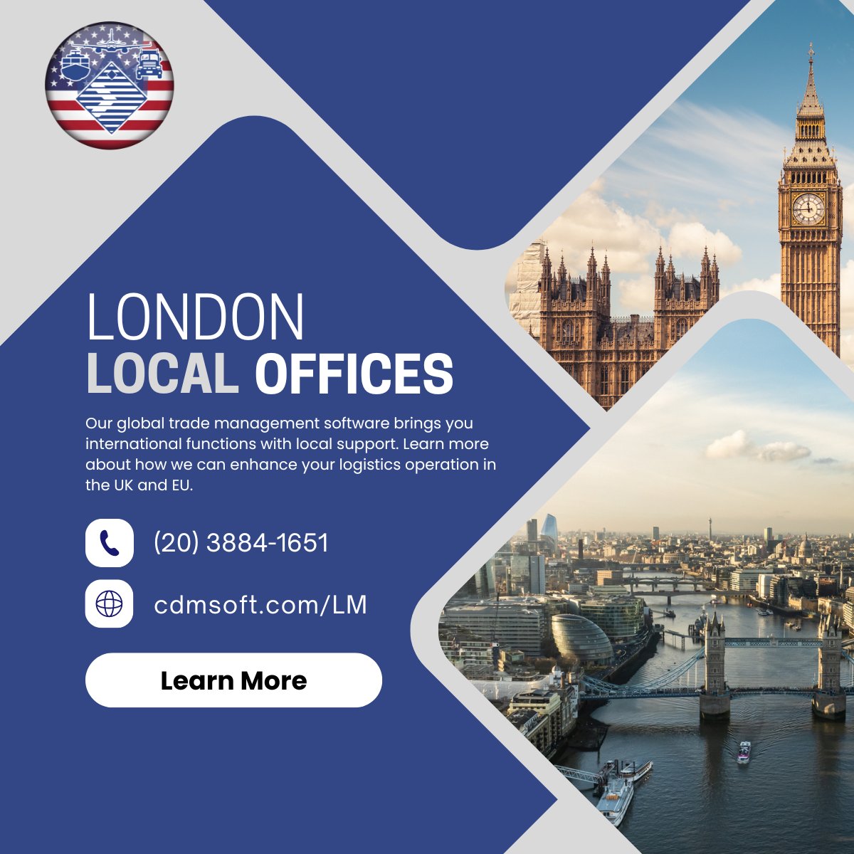 cdmdarrellortiz's tweet image. What's the point of Global Trade Management software when you have to do daily back-and-forths with US offices? We have local offices in London (and around the globe) to provide instantaneous support in the UK, EU, or wherever you're #shipping.

#logistics #supplychain #export