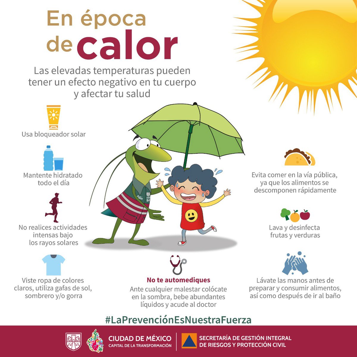 SGIRPC_CDMX's tweet image. En días de #calor en la Ciudad de México, toma en cuenta las siguientes recomendaciones para protegerte:

✅ Usa bloqueador
✅ Mantente hidratado
✅ No exponerse al sol por tiempo prolongado
✅ Evita comer en la vía pública, los alimentos se descomponen rápidamente