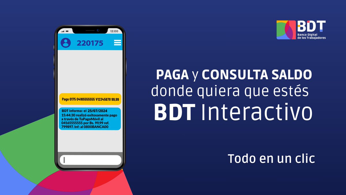 BDT_VE's tweet image. Con BDT Interactivo paga tus compras y consulta tu saldo de manera rápida vía SMS. ¡Que nada te detenga!

#Banca #PagoMóvil #BDTInteractivo