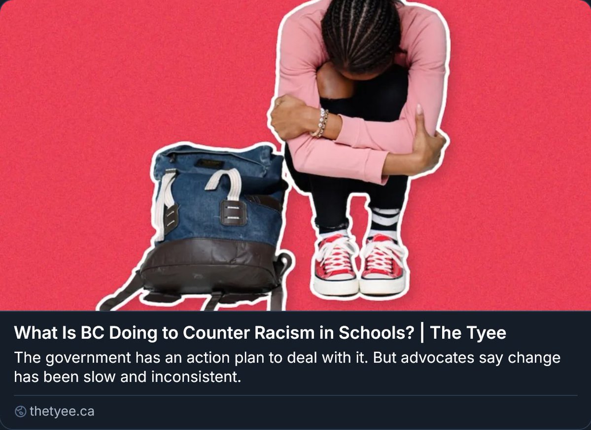 VIMentalHealth's tweet image. "A fall 2025 survey from the B.C.-based Centre for Family Equity of 104 #Indigenous, #Black and other parents and caregivers of colour found that 80 per cent have kids who experienced #racist harm or #bullying in a #BC school." #BritishColumbia #Canada thetyee.ca/News/2026/04/2…