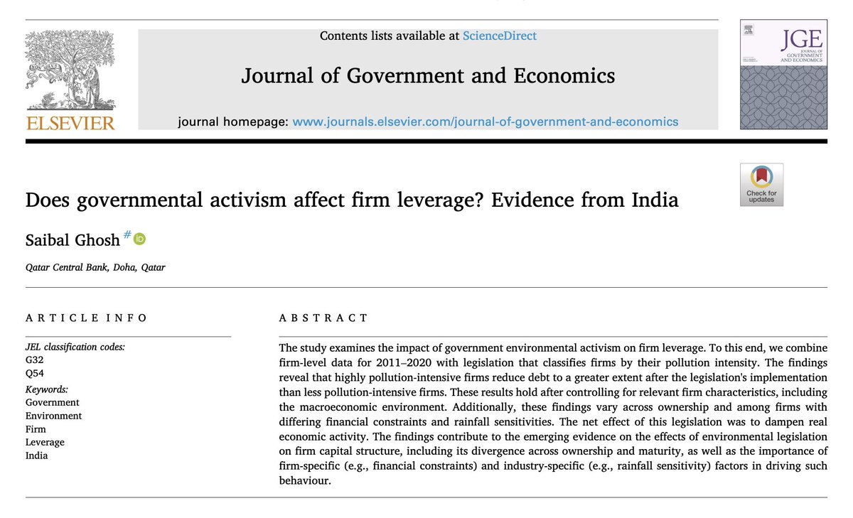 SAGE_econ's tweet photo. #JGE Article of the Week!

Saibal Ghosh examines the impact of #government environmental legislation on corporate capital structure in #India, combining firm-level data with legislation classifying firms by pollution intensity.

Full Article (open access): https://t.co/h4hz1lVOaN https://t.co/Ao9kp8GAqV
