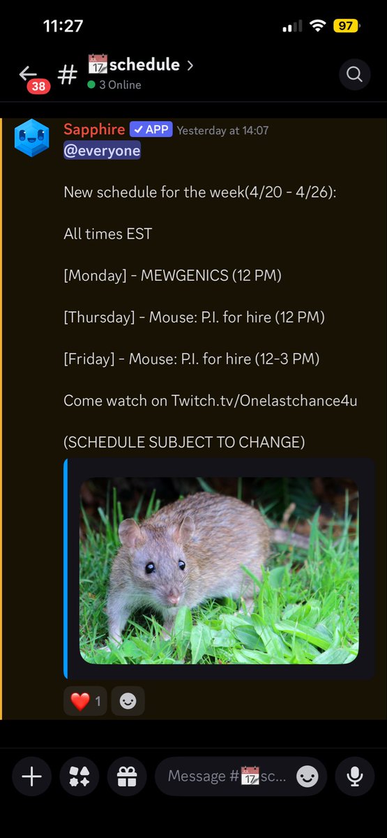 I hadn’t posted anywhere but the discord so here’s the full schedule for the week (4/20-4/26)