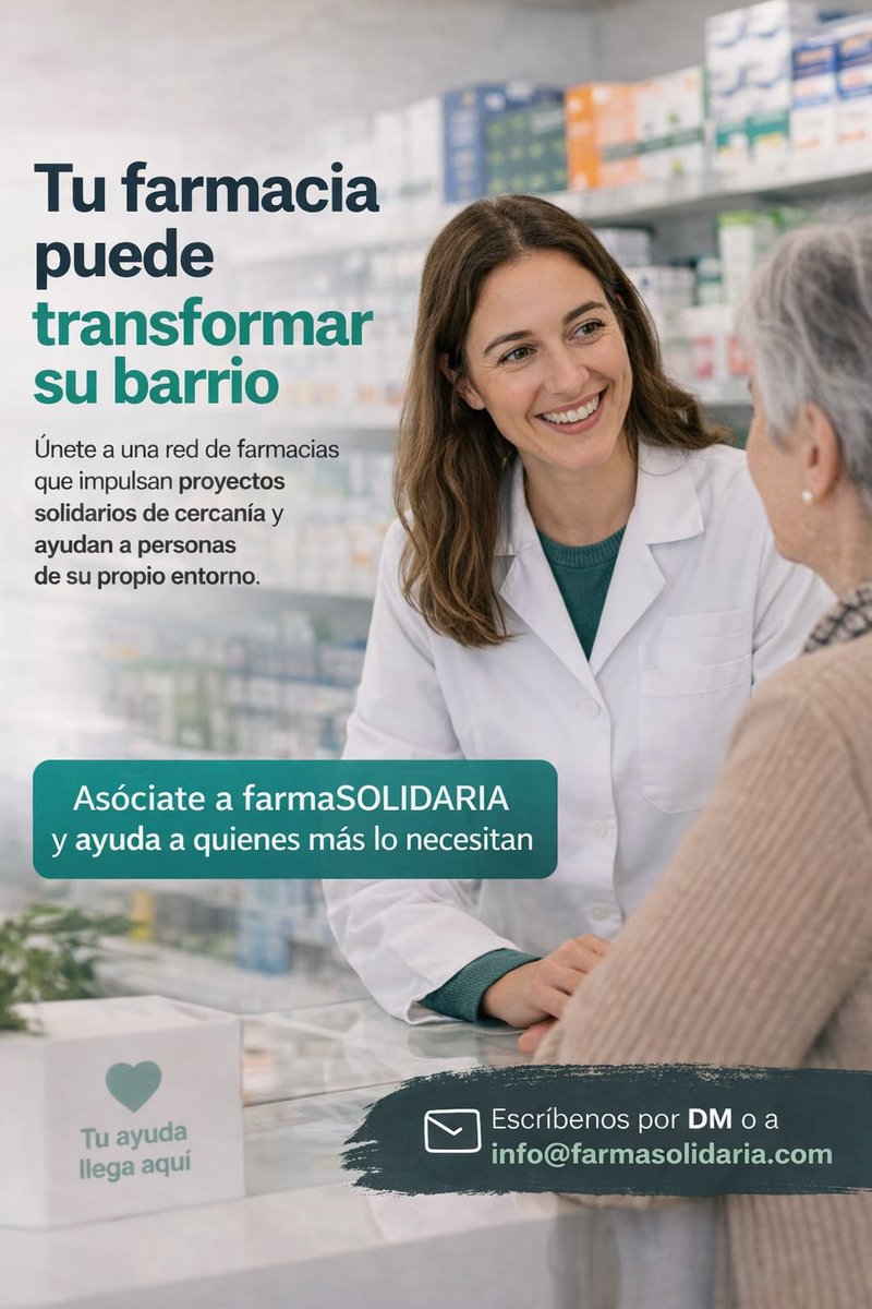farma_solidaria's tweet photo. Hay farmacias que dispensan.
Y otras que además transforman su barrio.
Con farmaSOLIDARIA, tu farmacia puede implicarse en proyectos solidarios de cercanía y generar impacto social real. 
Ayuda a quienes más lo necesitan cerca de tí https://t.co/PrW0dGKTYf