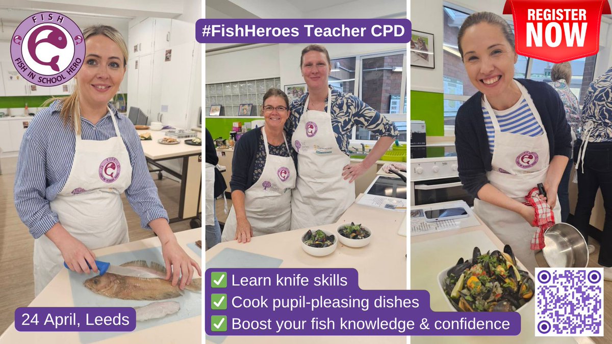 HeroesFish's tweet image. Ready to level up your food teaching? 👩‍🍳🐟

Join the #FishHeroes #FoodTeacher #CPD in Leeds this week (24 April ‘26) &amp;amp; bring fresh skills straight back to your classroom!

🔪 Master essential fish knife skills
🧑‍🍳 Cook a range of inspiring fish dishes
🐟 Build confidence in