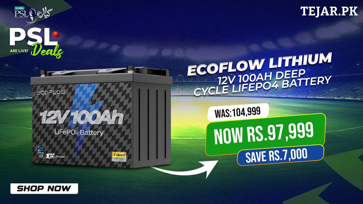 TejarPK's tweet image. 🔋🏏 Reliable power that lasts! Get the EcoFlow Lithium 12V 100Ah Deep Cycle LiFePO4 Battery on Tejar with a special PSL discount – long-lasting, efficient energy for home, travel &amp;amp; backup power.
#Tejar #PSLDeals #SpecialDiscount #EcoFlow #LiFePO4Battery #BackupPower #PSL2026