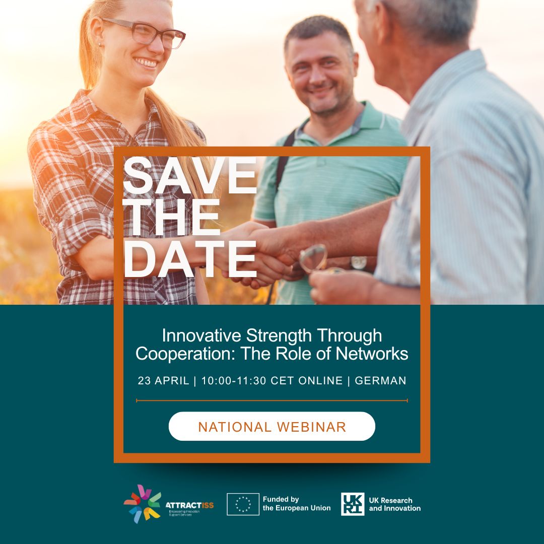 attractiss's tweet image. 🌱 National webinar | #ATTRACTISS

How do networks strengthen innovation through cooperation? Explore the role of collaboration and knowledge exchange for innovation within AKIS. 

📅23 Apr 2026 
⏰10:00-11:30 CET, Online
🗣️German
👉buff.ly/u8z7Fe5

#AKISConnect #Networks