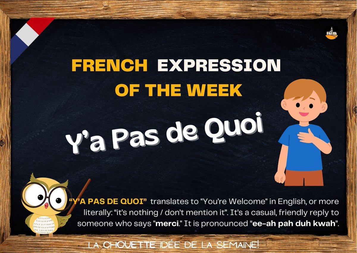 MYFRENCHHOUSE's tweet image. “Y a pas de quoi” 🇫🇷 A very French way to say… you’re welcome 😊 Learn more about living in France on our blog 👉: my-french-house.com/blog/categories
#FrenchLanguage #LearnFrench #France