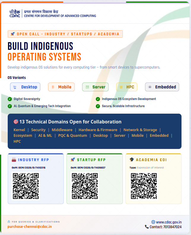 cdacindia's tweet image. ⚙️Code the Core. Own the Future💻
@cdacindia  invites Industry, Startups &amp;amp; Academia to co-build India’s indigenous OS ecosystem across Desktop, Mobile, Server, HPC &amp;amp; Embedded.

Powering Digital Sovereignty with AI &amp;amp; Quantum.

#DigitalIndia #Innovation #QuantumComputing #Startups