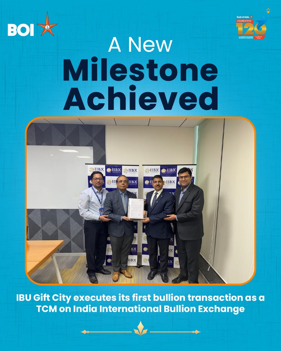 BankofIndia_IN's tweet photo. We are happy to share that our IBU Gift City has added another milestone to its achievements by executing the first bullion transaction as a Trading and Clearing Member (TCM) of the India International Bullion Exchange (IIBX). This accomplishment positions us among the select elite group of Public and Private Sector Banks capable of undertaking Bullion Trades on behalf of clients, marking a new chapter in the bank's illustrious journey.

#BankOfIndia #IBUGiftCity #IIBX #BullionTrade #BullionMarket #MilestoneAchievement #BankingExcellence #FinancialMilestone