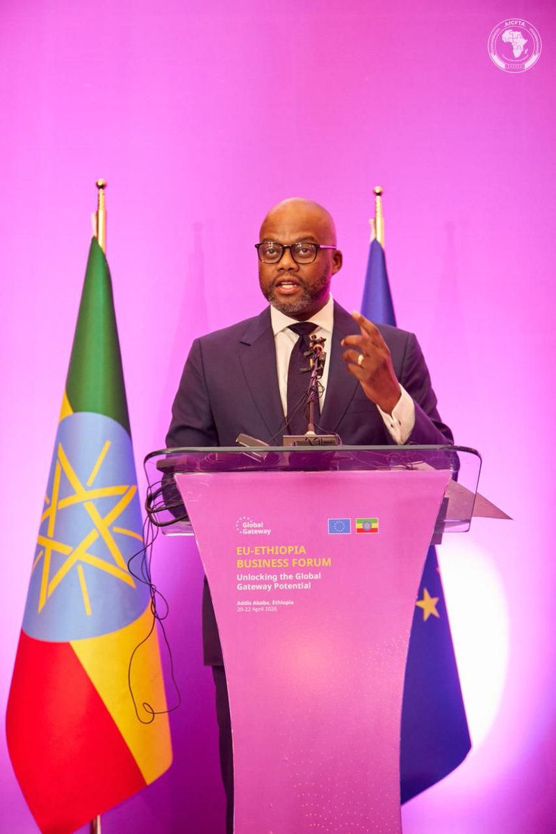 AfCFTA's tweet image. Today in Addis Ababa, the #AfCFTA Secretariat signed a Memorandum of Understanding with the European Union on the margins of the EU–Ethiopia Business Forum, reinforcing their partnership to support the implementation of the AfCFTA.
In his opening remarks at the Forum,