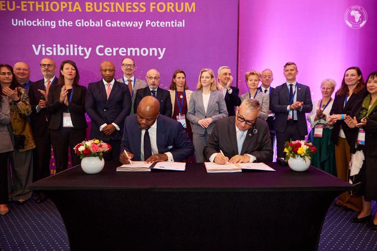 AfCFTA's tweet image. Today in Addis Ababa, the #AfCFTA Secretariat signed a Memorandum of Understanding with the European Union on the margins of the EU–Ethiopia Business Forum, reinforcing their partnership to support the implementation of the AfCFTA.
In his opening remarks at the Forum,