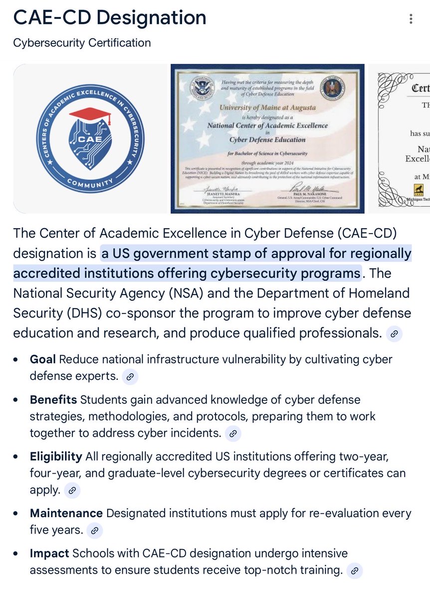 chefmade_92's tweet photo. another contributing factor to consider for cybersecurity program is to make sure the institution is CAE-CD certified. This is a game changer, you’ll have a direct pipeline to government roles and you’ll be blue-team ready out the gate. WGU is CAE credited. https://t.co/DTqETMDFSH