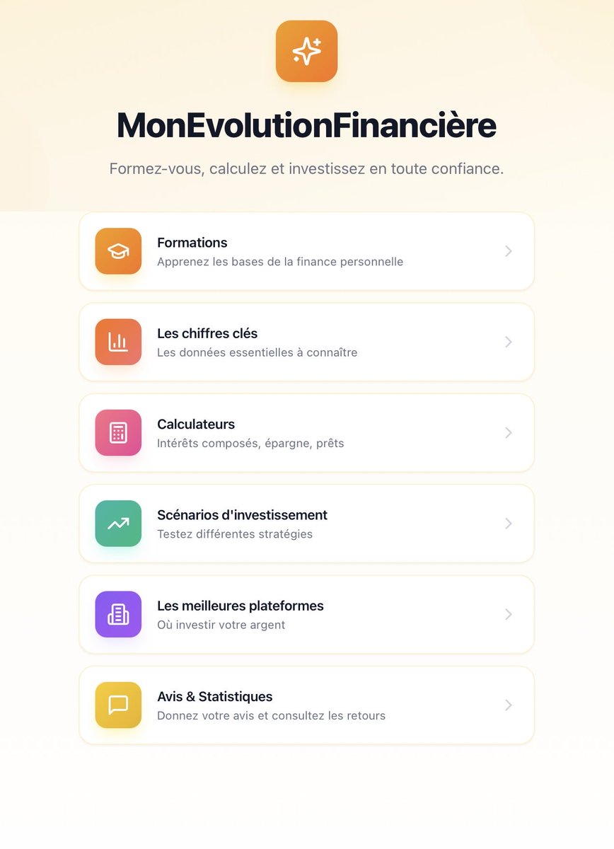 SSebino's tweet photo. MonEvolutionFinanciere
Un outil gratuit construit pour se former, calculer et simuler rapidement vos scénarios d investissements.
Des améliorations à faire? Un avis? 🙏
https://t.co/rnUlmhuqQd je l ai construit avec @Base44 , une super plateforme pour monter ses applications https://t.co/K2ZesbmnE7