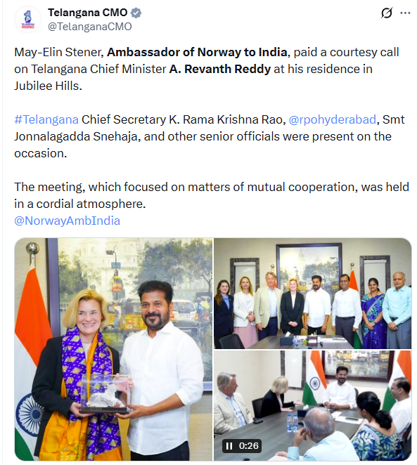 univartaindia1's tweet image. भारत में नॉर्वे की राजदूत May-Elin Stener ने आज तेलंगाना के मुख्यमंत्री रेंवत रेड्डी से मुलाकात की। 

@NorwayAmbIndia | @TelanganaCMO | @revanth_anumula | #Norway | #Ambassador | #MayElinStener | #Telangana | #CMRevanthReddy |  #BreakingNews | #UNI | #UNIVarta