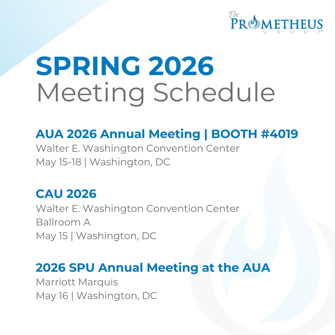 theprogrp's tweet image. The Prometheus Group® will travel to Washington, DC next month to exhibit at the 2026 AUA (Booth #4019), CAU, and SPU annual meetings. Be sure to stop by and say hello—we look forward to connecting with you!
 
#AUA2026 @amerurological @americanurologicalassociation #urology