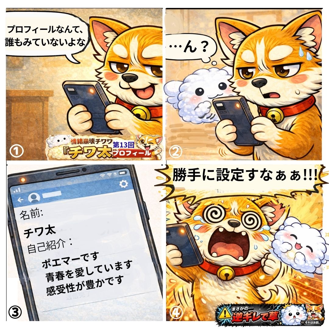 guuuden34's tweet image. 情緒崩壊チワワ

  プロフィール、ちょっとだけ盛ったこと…ありませんか？  

チワ太  4コマ

モフル犯人シリーズ  ①
「プロフィール」

情緒ぉぉぉ！！！  

#チワ太 #4コマ