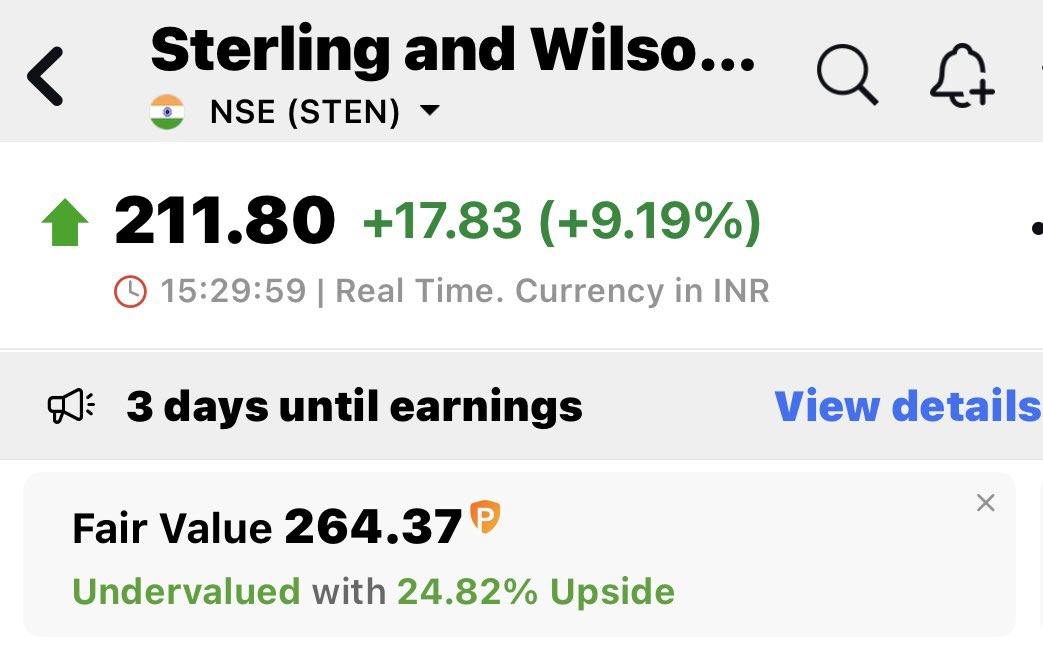 ritikgpt22's tweet image. List of 7 #stocks (TOP GAINERS TODAY) with their Fair Values 

1/ Sterling and Wilson #swsolar