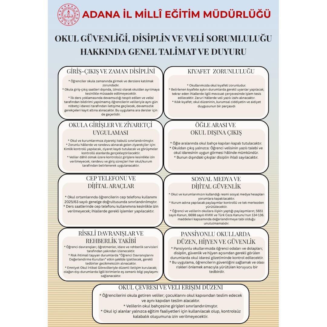 AladagMem's tweet photo. Okullarımızda güvenli, disiplinli ve sağlıklı bir eğitim ortamının sürdürülebilmesi amacıyla; giriş-çıkış düzeninden kıyafet uygulamalarına, dijital araç kullanımından veli sorumluluklarına kadar tüm süreçler titizlikle yürütülmektedir.

Öğrencilerimizin akademik ve sosyal gelişimini en sağlıklı şekilde desteklemek için belirlenen kurallara tüm paydaşlarımızın hassasiyetle uyması büyük önem taşımaktadır.

@tcmeb 
@TCAdanaValiligi 
@AdanaMem 
@mnaras 
@Aladagkaymakam