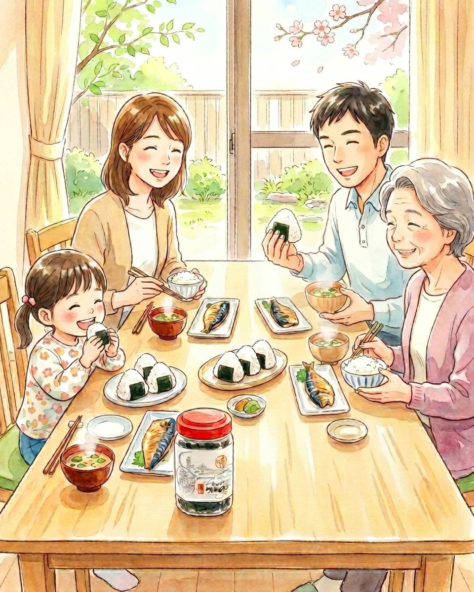 家族で囲む、いつもの食卓。

お味噌汁に、焼き魚、そして炊きたてのごはん。

そこに欠かせないのが、鍵庄の一番摘み明石のり。

香りが良くてパリパリなのに、口でふわりほどけるやわらかさ。

「おいしいね」

娘はおにぎりにして巻くと、小さな手でぎゅっと持って口いっぱいにほおばります。