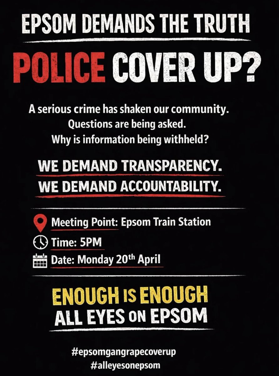 TrutherDolly's tweet image. Today Monday 20th April 2026 Epsom Train Station 5pm Epsom Gang Rape Protest Meetup Demo Rally #PeacefulProtest #AllEyesOnEpsom #TellTheTruth #EnoughIsEnough #EpsomGangRapeCoverUp #EpsomGangRape