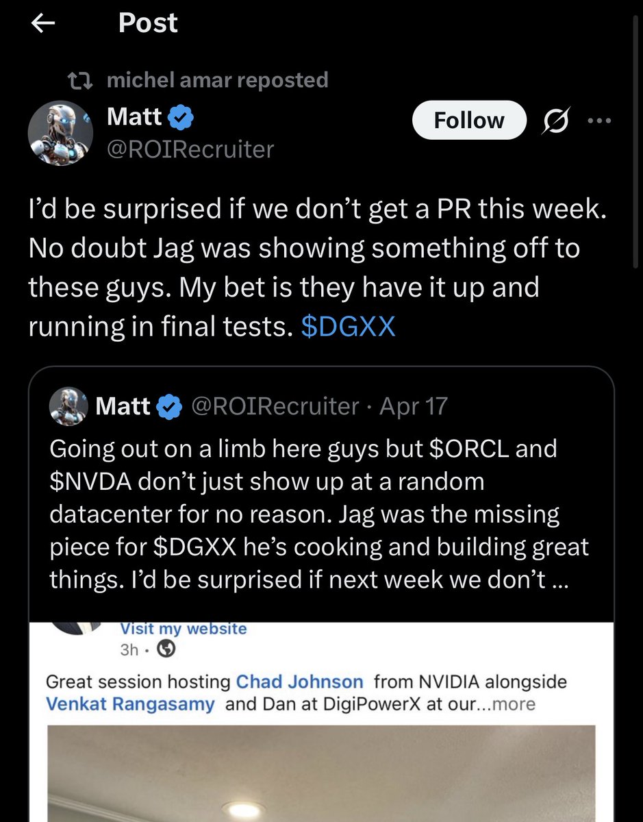 $DGXX 🚨🚨

PR coming?! Why would the CEO repost this? Buckle up, we might be taking a trip on a rocket ship. Expecting news of GPUs are live and then next week we will get the first AI revenue!