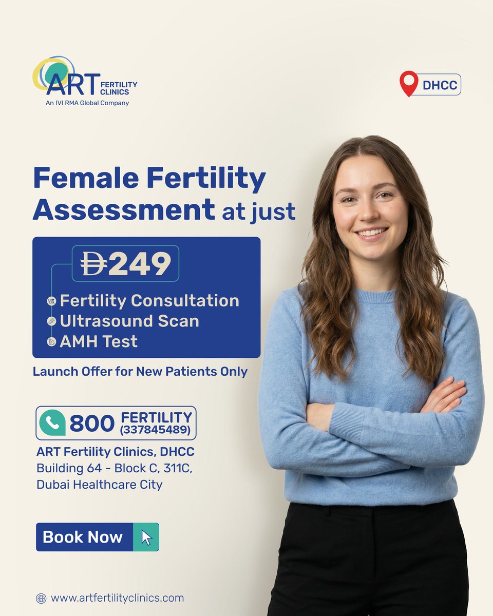 art_fertility's tweet photo. ART FERTILITY CLINICS IS NOW OPEN IN DHCC, and we’re celebrating with an exclusive launch offer. Get a full Female Fertility Assessment for only AED 249.
 
✅ Consultation ✅ Ultrasound ✅ AMH Test
 
Available for new patients at our Dubai Healthcare City branch only.

Book Now! https://t.co/CUbVs3Ga0d