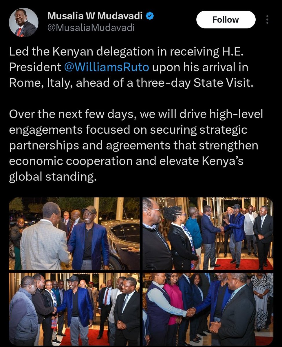 Today's afternoon dose of anger comes from Rome, Italy.

The President flew to Rome for a three day State Visit.
Then Mudavadi led a Kenyan delegation to Rome.

To receive the President.
In Rome.
The President who left Kenya, was received in Italy.
By Kenyans who also left Kenya.