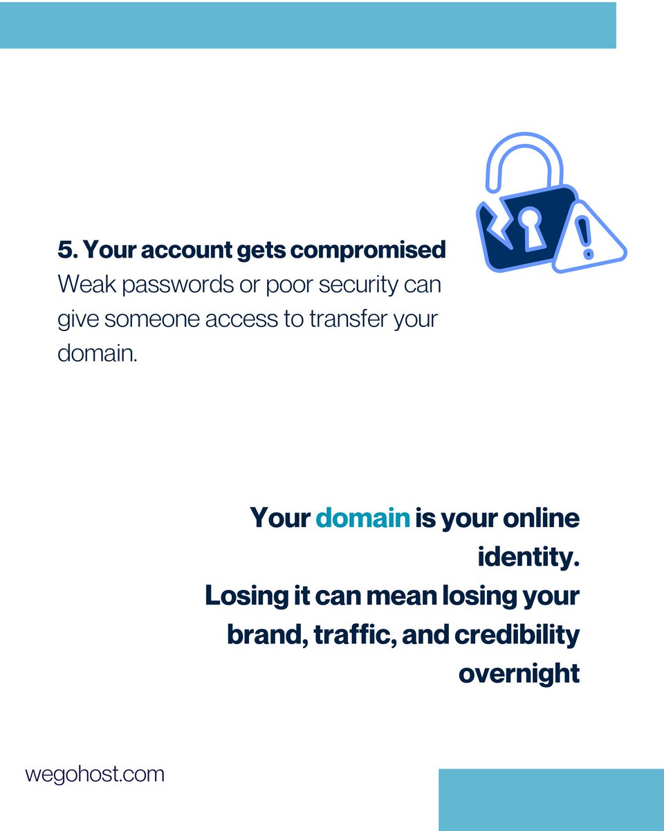 wegohost's tweet photo. Most domain losses happen due to missed renewals, failed payments, outdated emails, or weak security.

Your domain is your online identity. Protect it like your business depends on it because it does.

Secure and manage your domain properly with WeGoHost today. https://t.co/IN7qzyDhfn