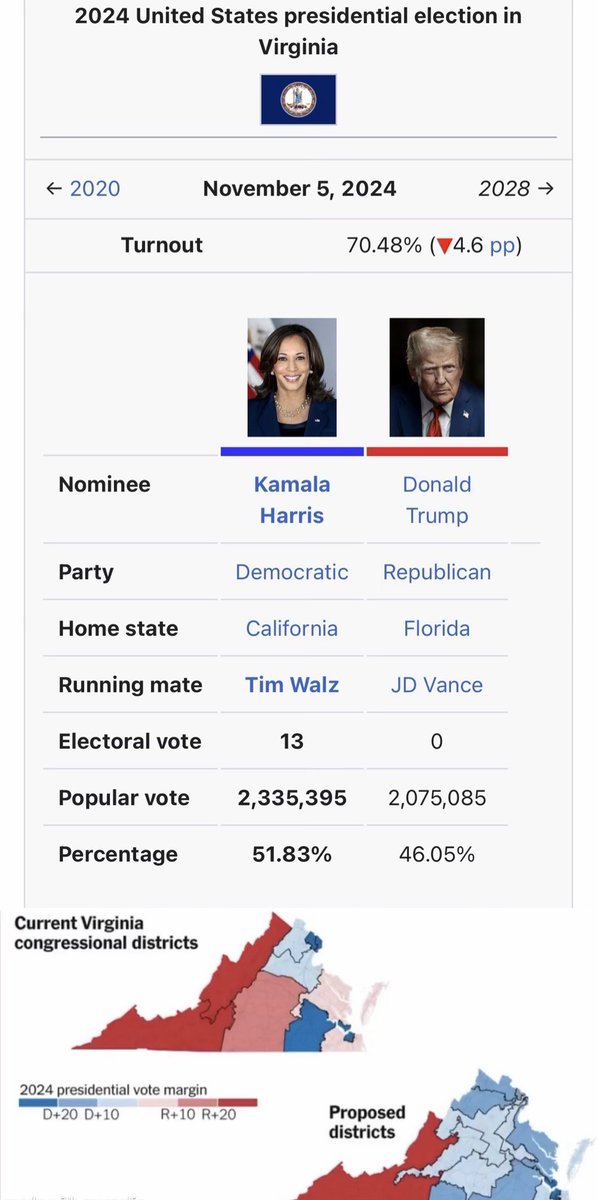 PatAdams96's tweet image. The President received 46% of the vote in Virginia in the 2024 election.

In a blatant violation of the Commonwealth’s Constitution, Virginia Democrats are trying to rig their congressional maps so they will represent 90% of districts.

Dems want to make Virginia one-party rule.
