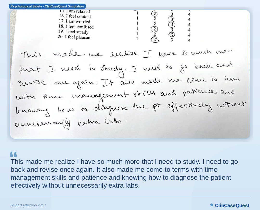 ClinCaseQuest's tweet photo. 🧠 Psychological Safety in Simulation-Based Learning: What Students Really Experience

As part of a validation study at Kyiv Medical University, we analyzed both learning outcomes and the psycho-emotional state of students during simulation-based training.

📌 Study design:
•Prospective single-center study
•31 students (5th–6th year, international cohort)
•Platform: ClinCaseQuest
•Branching simulations with integrated Defragmented Debriefing
•Supervised by Iryna Avramenko and Mariia Yartseva

📊 Assessment tools:
•K10 (psychological distress)
•STAI-S (state anxiety)

📌 Key observation:
Although students were only asked to complete standardized questionnaires, many spontaneously added personal reflections—sharing thoughts and emotions in their own words. This became one of the most meaningful outcomes of the study.

�� Student reflections:
Students reported reduced anxiety, increased confidence, improved clinical reasoning, and greater motivation to study. Many described moving from fear and uncertainty to calmness, focus, and self-assurance after simulations.

📉 Results:
•Average state anxiety decreased by 13.2%
•45% of students showed reduced anxiety

💡 Conclusion:
Simulation-based learning is not only about performance metrics. It creates a psychologically safe space where students can think, reflect, and grow. Sometimes the most important data are not numbers, but what learners choose to express themselves.

#ClinCaseQuest #SimulationBasedLearning #MedicalEducation #PsychologicalSafety #DefragmentedDebriefing #Innovation #AnxietyReduction #AIinMedicine #UkraineInScience
