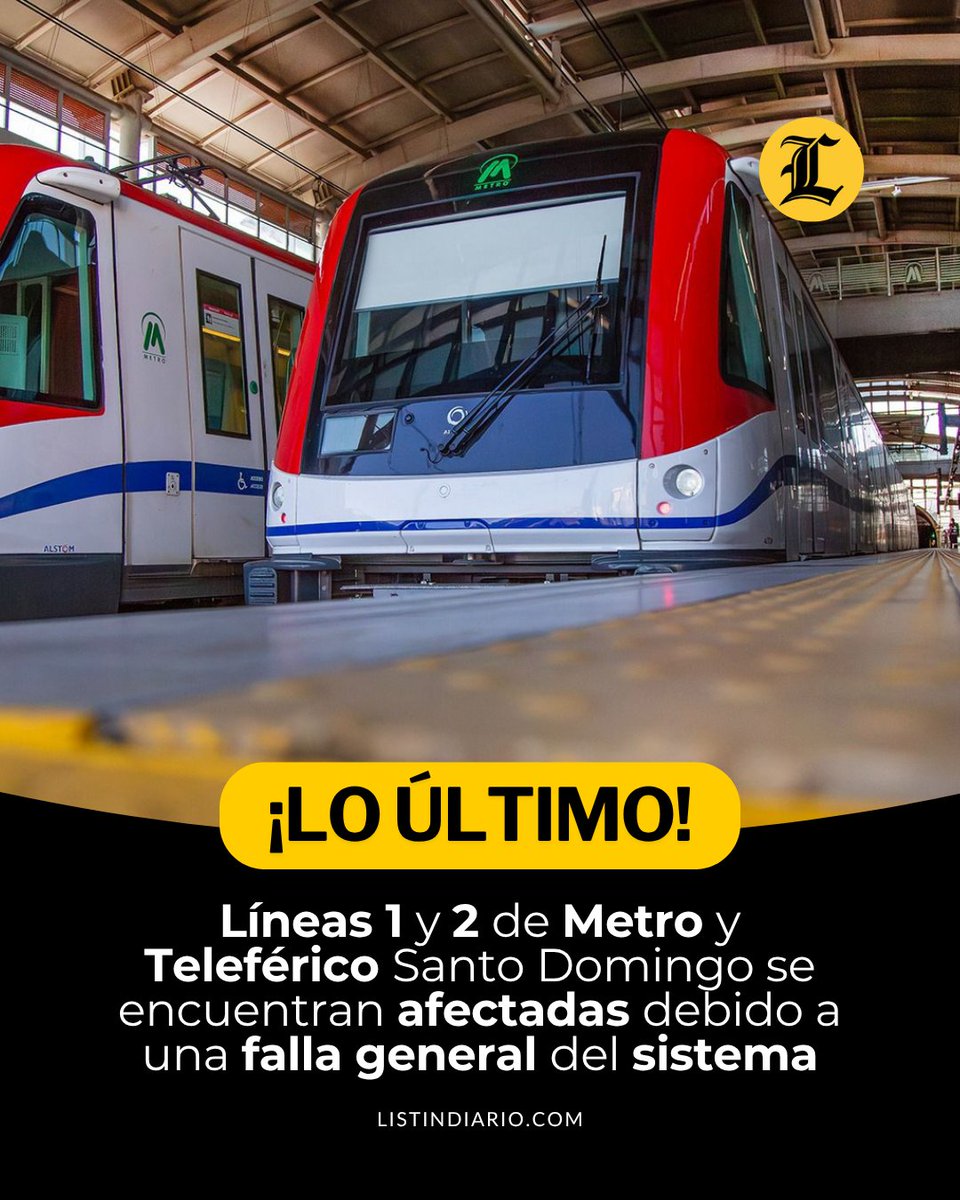 ListinDiario's tweet image. #LoÚltimoLD | La oficina Metropolitana de Transporte informó que  la línea 1 y 2 de Metro y Teleférico Santo Domingo se encuentran afectadas debido a una falla general del sistema.

#Metro #Teleférico #ListínDiario