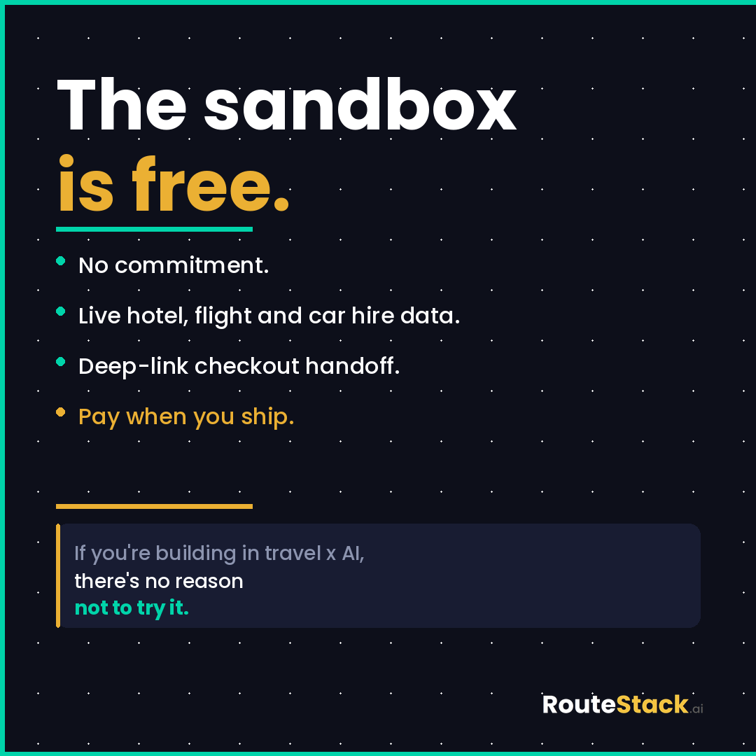 routestackai's tweet image. The sandbox is free.

No commitment. Live hotel, flight and car hire data. Deep-link checkout handoff.

If you're building anything in travel x AI, there's no reason not to try it.

routestack.ai

#TravelTech #AIAgents #APIs #DeveloperTools #MCP #SaaS #BuildInPublic