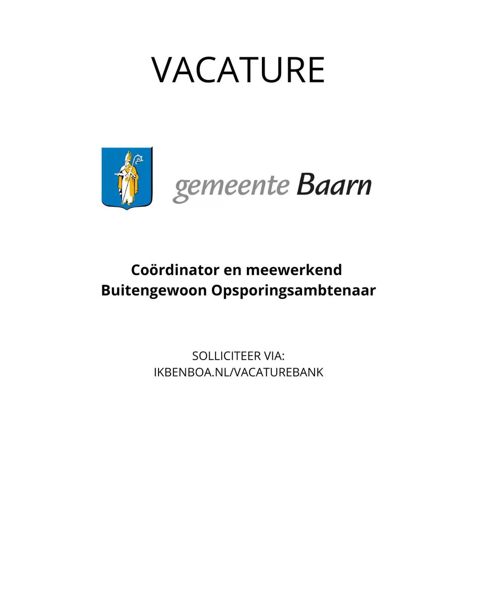 BoaAcp's tweet image. VACATURE:
Gemeente Baarn is op zoek naar:
COÖRDINATOR EN MEEWERKEND BUITENGEWOON OPSPORINGSAMBTENAAR

Nieuwsgierig of direct solliciteren? 

Kijk op onze BOA Vacaturebank:
ikbenboa.nl/vacature/gemee…

#boa #handhaving #baarn #vacature