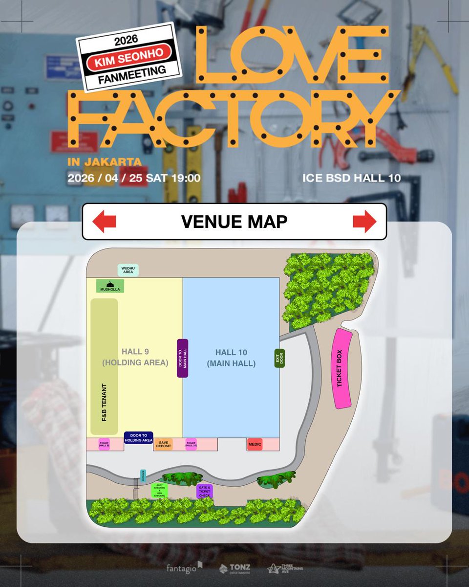 Take a moment to check the venue map and find your designated gate, seating section, and event facilities💙

See you soon at the venue🤗

"2026 KIM SEONHO FANMEETING <LOVE FACTORY> in Jakarta" 💫
🗓️ 2026.04.25 (SAT)
🕖 19:00 WIB
📍 ICE BSD – Hall 10

👉 KIMSEONHOINJAKARTA2026.com