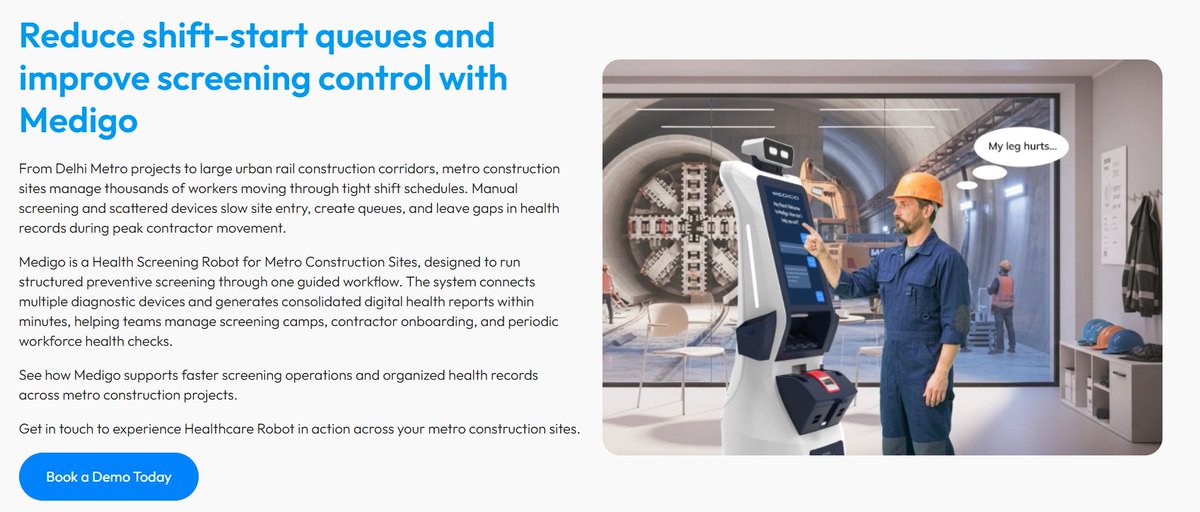 Medigo is a health screening robot for construction sites, enabling rapid worker screening, preventive healthcare, and streamlined workforce health management.

kodyrobots.com/health-screeni…

#healthscreeningrobot #healthcare #robot #robotics