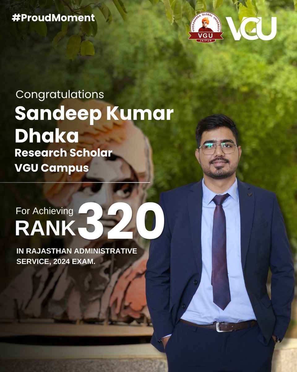 JaipurVgu's tweet image. Started with lectures and notes, ended with a name on the RAS list.
Sandeep Kumar Dhaka - Rank 320, and a story built on patience, pressure, and persistence.

#ProudMoment #VGUAlumni #RAS2024 #JourneyToSuccess #KeepPushing #VGU