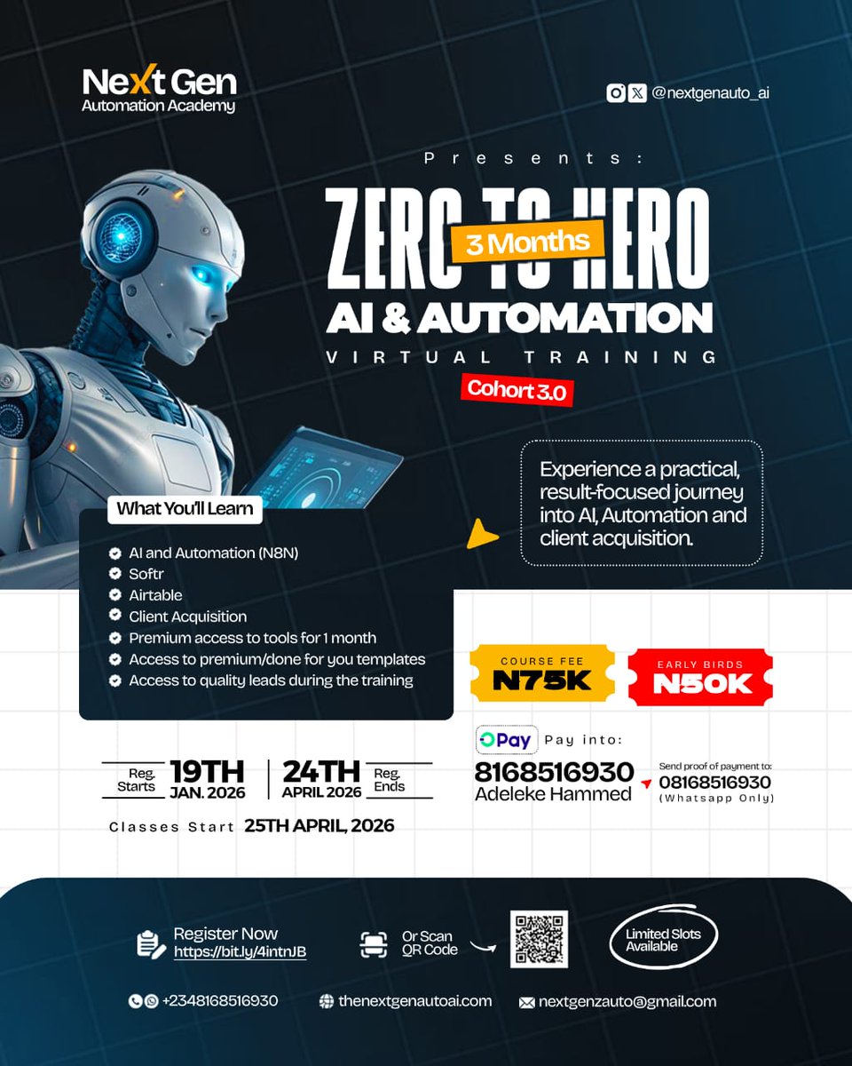 Nextgenauto_ai's tweet photo. https://t.co/QaZC99sVhO

Cohort 3.0 of Next Gen Automation Academy is about to begin.

Over the last cohort, we focused heavily on practical implementation.

Not just learning tools…

But building real systems.

Some of the things covered include:

• AI-powered lead generation and outreach systems
• Deep personalized cold email workflows
• Telegram bots for business automation
• RAG agents for accurate AI responses
• Voice AI agents for inbound and outbound calls
• Automation systems used in real client scenarios
and much more...
Now, we’re preparing for the next phase.
A structured 8-12weeks journey into AI, automation, and client acquisition.
If you’ve been looking for a way to go from beginner to building real-world systems, this is your opportunity.
Join the group above to get updates and be part of Cohort 3.0.
Let’s get ready for what’s coming.