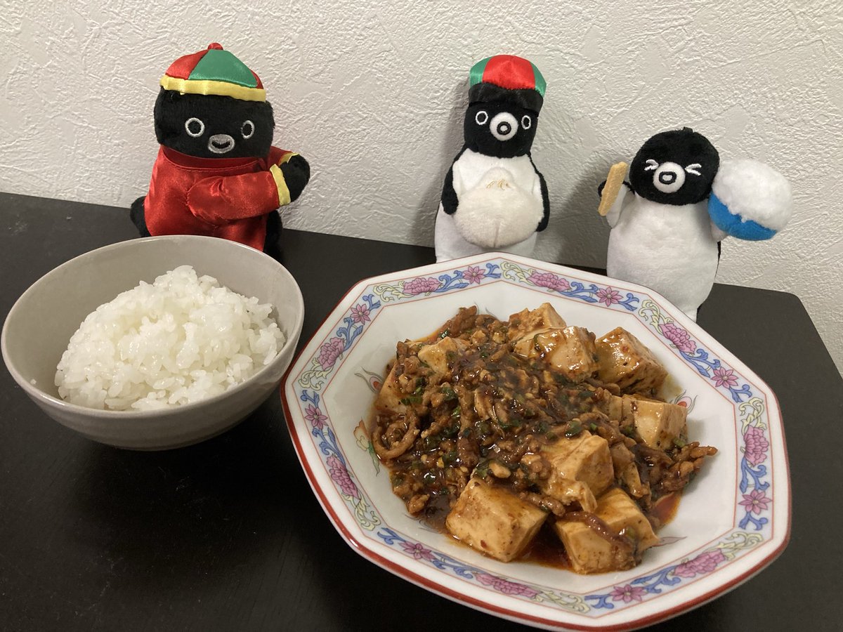 おこパオコンビとカンフーペン氏から今日の晩ごはん🍚紹介🐧

麻婆豆腐に白ごはん🍚あと画角に入りきらなかったサラダ🥗

🐧：ストレスで胃が痛いんじゃないの？

うん、だからあまり辛くないCookDo四川風麻婆豆腐です。

おこめちゃん：早くよくなって白ごはんモリモリ食べてね。

はーい