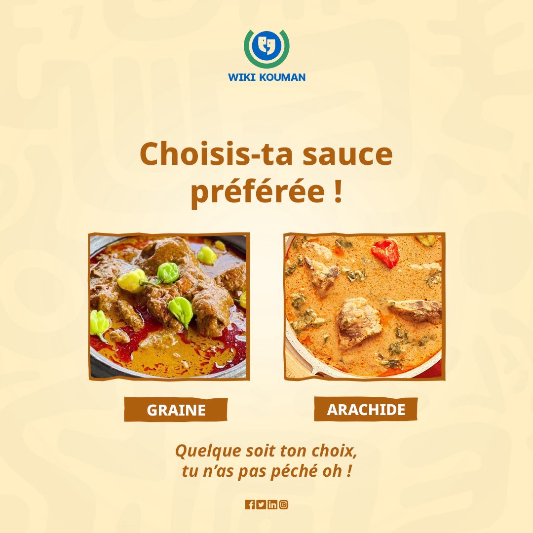 WikiKouman's tweet photo. Choisis-ta sauce préférée !

Team Graine ou Team Arachide 

Le CM: Arachide est le meilleur 🫠😍

#Wikikouman #culture #cotedivoire #tourisme #patrimoine https://t.co/C13CH1tLMk