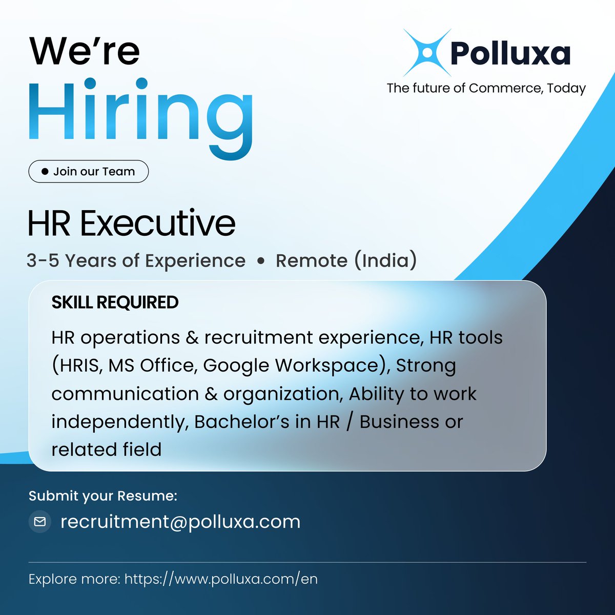 polluxa_global's tweet image. We are seeking a proactive HR Executive with 3-5 years of experience to manage end-to-end HR functions remotely. 

Send your resume at [recruitment@polluxa.com]
#humanresources #hr #recruitment #business #humanresourcesmanagement #hiring #leadership #recruiting #jobs #jobsearch