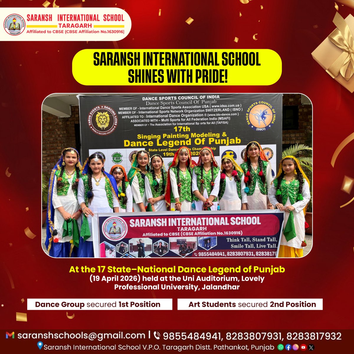 SaranshSch9719's tweet image. Proud moment for Saransh International School! ✨
1st in Dance 💃🏆

 &amp;amp; 2nd in Art 🎨 at Dance Legend of Punjab, LPU Jalandhar 🌟

#SaranshInternationalSchool #ProudMoment #Winners #DanceCompetition #ArtCompetition #StudentAchievements #SchoolPride #LPUJalandhar #TalentShines