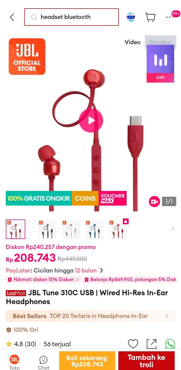 berhasil checkout headset jbl impian pas promo Setengah Harga Di LazTech di Lazada, harga miring begini bikin belanja di LazTech makin puas. siapa yang nunggu promo berikutnya juga?

lazada.co.id/i8750492487-s1…