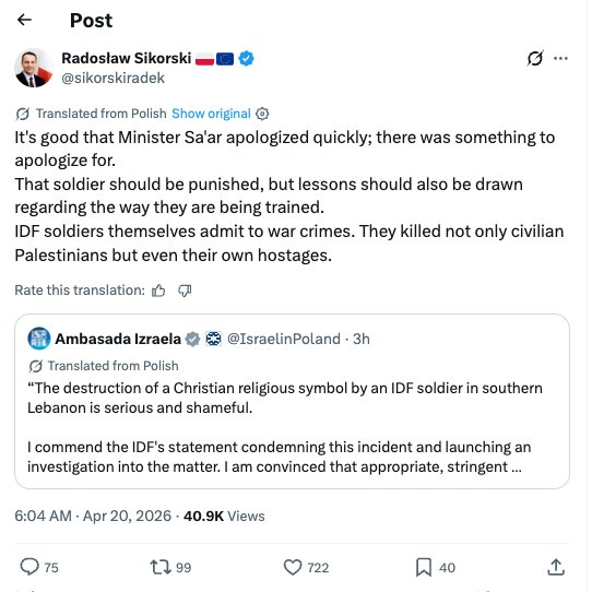🇵🇱🇮🇱  Polish FM SLAMS Israel, Yes, Read it Again

Polish Foreign Minister Radosław Sikorski:
"IDF soldiers themselves admit to war crimes. They killed not only civilian Palestinians but even their own hostages."